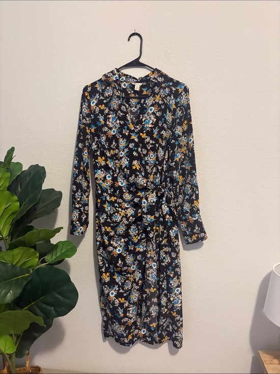 Cato Dresses & Skirts - Cato size medium Black Floral Wrap Midi Dress with Blue & Yellow flowers